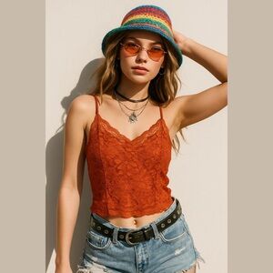 Zenana Outfitter Burnt Orange Floral Sheer Cami Size S Festival Coquette Y2K